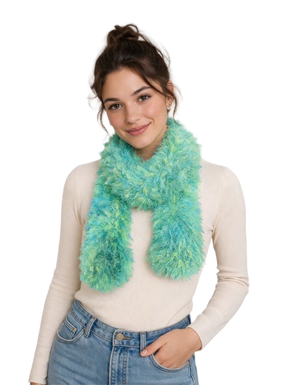 green and blue fuzzy teddy handmade short winter scarf